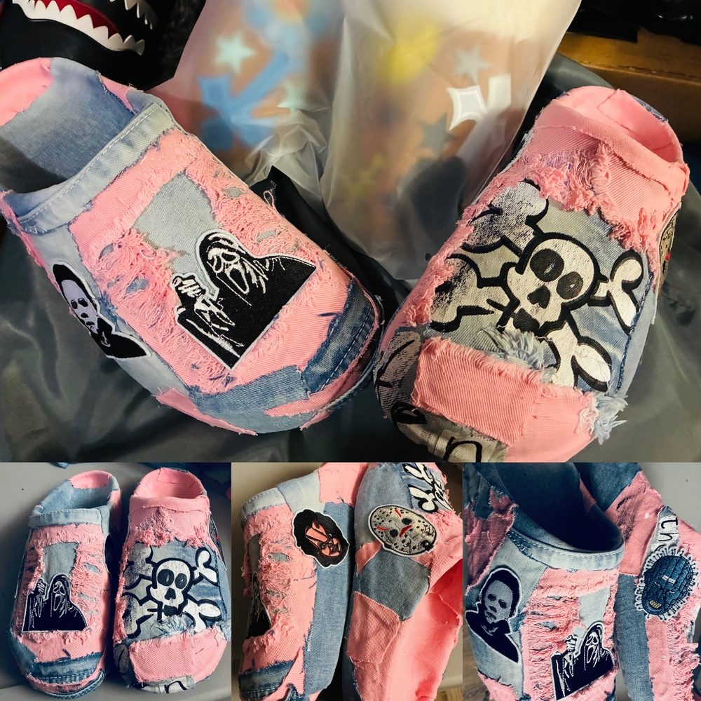 Pink and Blue Distressed Slip-On Shoes with Skull Design